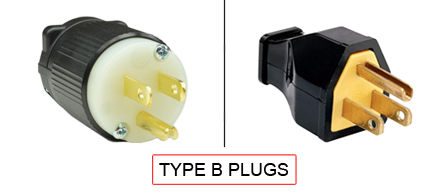 TYPE B plugs are used in the following Countries:
<br>
Primary Countries known for using TYPE B Plugs is the United States, Canada, Taiwan, Japan and Jamaica.

<br>Additional Countries that use TYPE B plugs are American Samoa, Anguilla, Antigua & Barbuda, Aruba, Bahamas, Barbados, Belize, Bermuda, Bolivia, British Virgin Islands, Cayman Islands, Columbia, Costa Rica, Cuba, Dominican Republic, Ecuador, El Salvador, Guam, Guatemala, Guyana, Haiti, Honduras, Liberia, Mariana Islands, Marshall Islands, Mexico, Micronesia, Midway Islands, Montserrat, Nicaragua, Palau, Panama, Peru, Philippines, Puerto Rico, Trinidad & Tobago, Turks & Caicos Islands, US Virgin Islands, Venezuela, Wake Island.

<br><font color="yellow">*</font> Additional Type B Electrical Devices:

<br><font color="yellow">*</font> <a href="https://internationalconfig.com/icc6.asp?item=TYPE-B-CONNECTORS" style="text-decoration: none">Type B Connectors</a> 

<br><font color="yellow">*</font> <a href="https://internationalconfig.com/icc6.asp?item=TYPE-B-OUTLETS" style="text-decoration: none">Type B Outlets</a> 

<br><font color="yellow">*</font> <a href="https://internationalconfig.com/icc6.asp?item=TYPE-B-POWER-CORDS" style="text-decoration: none">Type B Power Cords</a> 

<br><font color="yellow">*</font> <a href="https://internationalconfig.com/icc6.asp?item=TYPE-B-POWER-STRIPS" style="text-decoration: none">Type B Power Strips</a>

<br><font color="yellow">*</font> <a href="https://internationalconfig.com/icc6.asp?item=TYPE-B-ADAPTERS" style="text-decoration: none">Type B Adapters</a>

<br><font color="yellow">*</font> <a href="https://internationalconfig.com/worldwide-electrical-devices-selector-and-electrical-configuration-chart.asp" style="text-decoration: none">Worldwide Selector. All Countries by TYPE.</a>

<br>View examples of TYPE B plugs below.